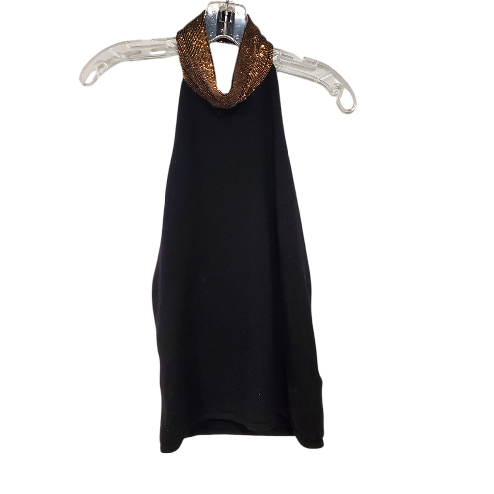 Ralph Lauren Black Label Beaded Neck Black Cashmere Blend Halter Top, SZ L